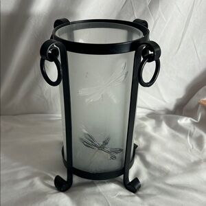 Pier 1 black metal and Frosted dragon fly design Glass decorative Candle Holder